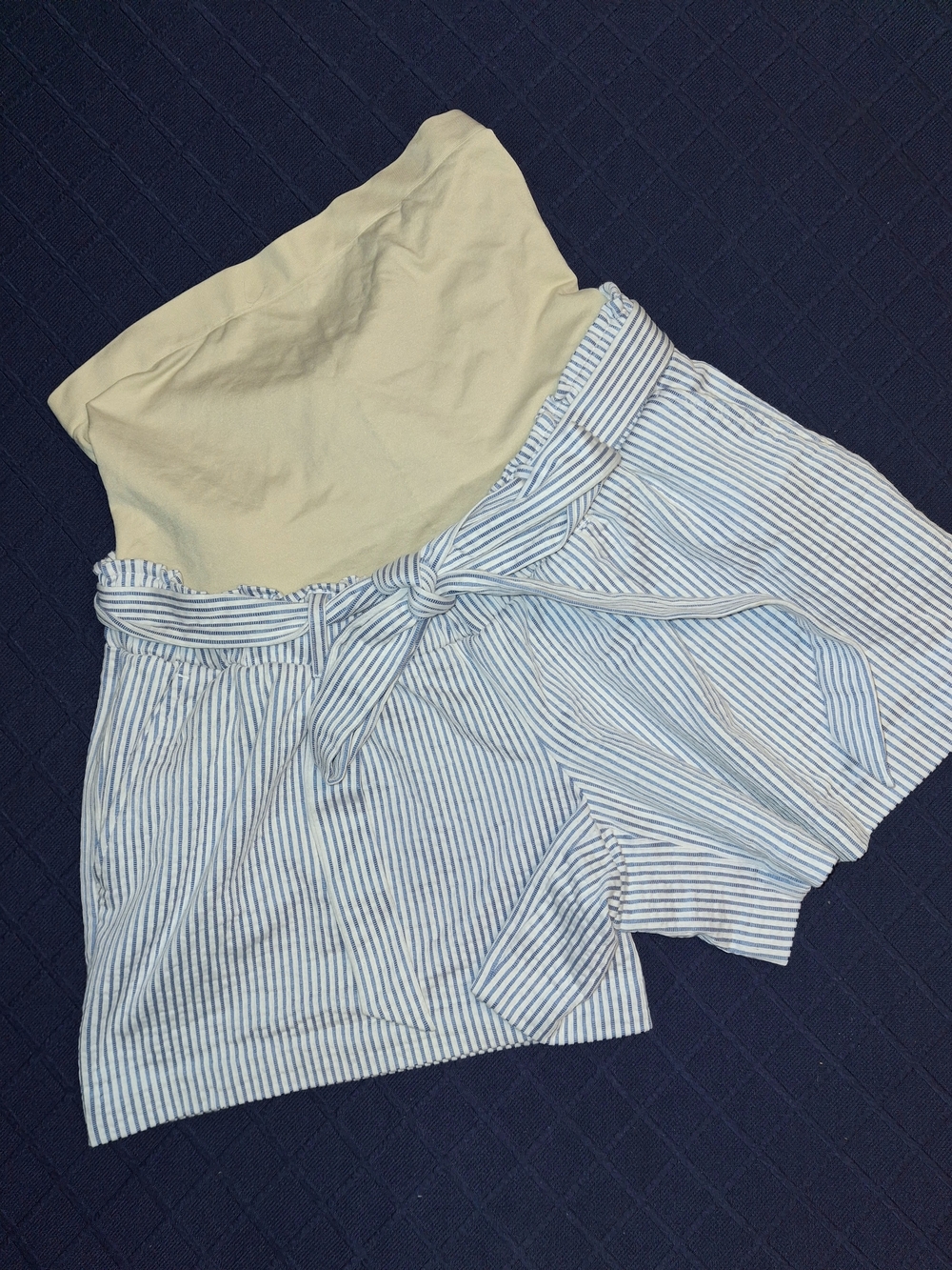 a:glow Maternity Striped Paper Bag Tie-Belt Shorts - Light Blue & White Stripe M